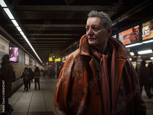 Mature man in a subway station in Paris, France, wearing a coat. Generative AI