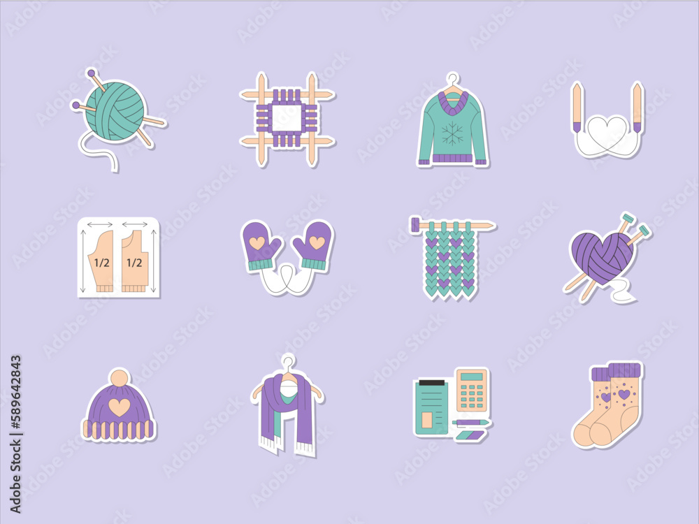 Set of knitting steakers in pastel palet in flat style 