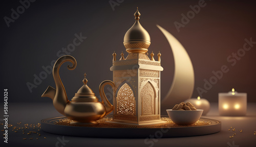 Islamic holiday Ramadan kareem event background, decorate with Arabic lantern, moon, crescent, and mosque dome, festive greeting card design, Eid Mubarak scene, with Generative AI.