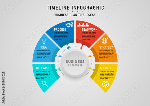infographic business planning The circle is divided into 6 multi-colored pieces. The circle button in the center. There are various characters and icons. on a gray gradient background