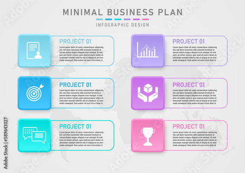 minimal infographics business planning 6 beautiful pastel squares with outlines Letters and icons design for growth, marketing, options, finance, investing.