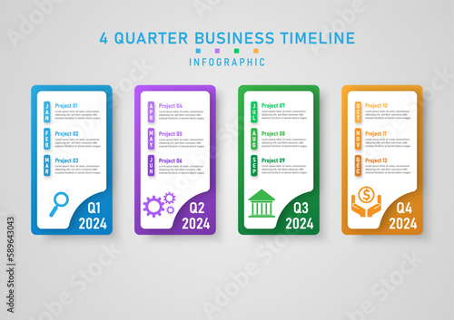 nfographic business planning 4 quarter bright multi colored squares with month abbreviation and icons on gray gradient background design for marketing, growth, finance, investment, product