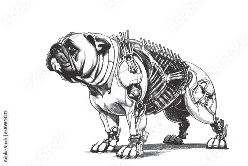 Biomechanical Bulldog cyborg. Doodle sketch. Vector illustration.