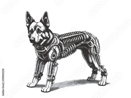 Biomechanical German Shepherd cyborg. Doodle sketch. Vector illustration.
