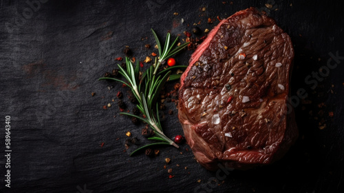 Steak on a dark wooden base with spices. Ai generated illustration