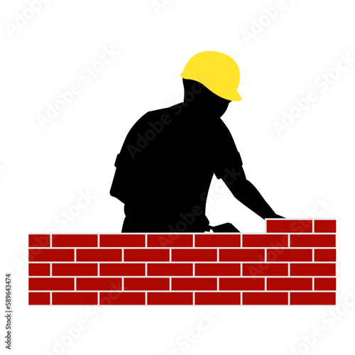 Brick laying, bricklayer wearing hard hat, brick wall Vectors Illustration