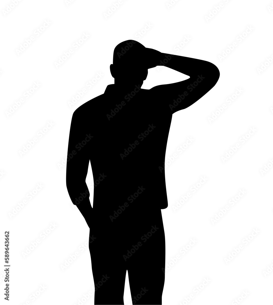 silhouette of a man thinking backwards about doubts with hands above head. in black silhouette of a man thinking backwards about doubts with hands above head. in black