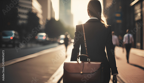 Blonde businesswoman walking through crowded urban city holding a briefcase