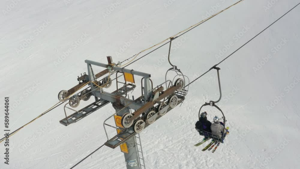 Double chair chairlift (ski lift) mechanism Sheaves, rope, tower and