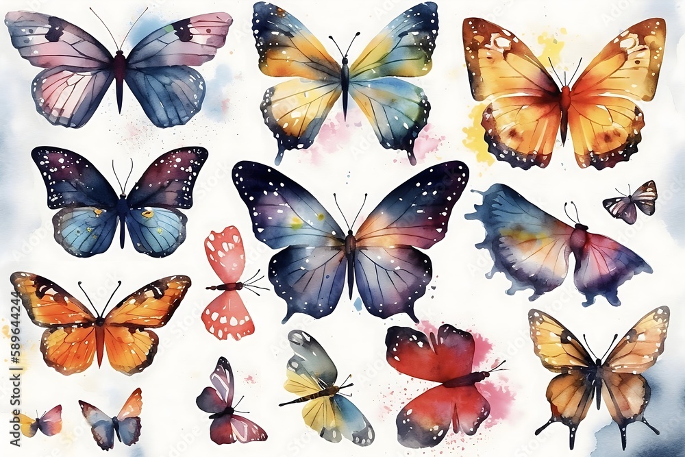 Set of butterflies isolated, Butterflies Clipart Color water style Set of butterflies isolated, Butterflies Clipart Color water style