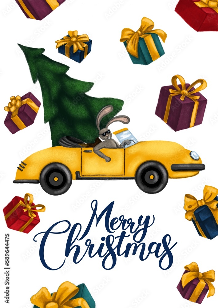 The rabbit rides on a convertible with a Christmas tree. Illustration with gifts and congratulations. Digital picture for holidays and congratulations.