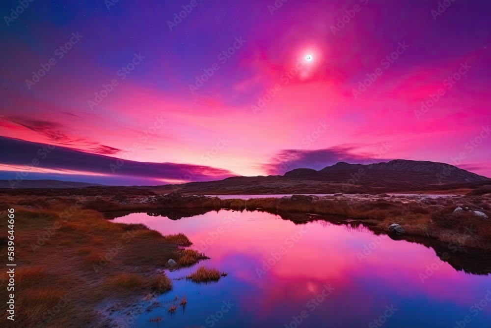 The sky was a brilliant shade of pink and purple, casting a dreamy glow over the fantasy landscape. Generative AI
