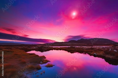 The sky was a brilliant shade of pink and purple, casting a dreamy glow over the fantasy landscape. Generative AI