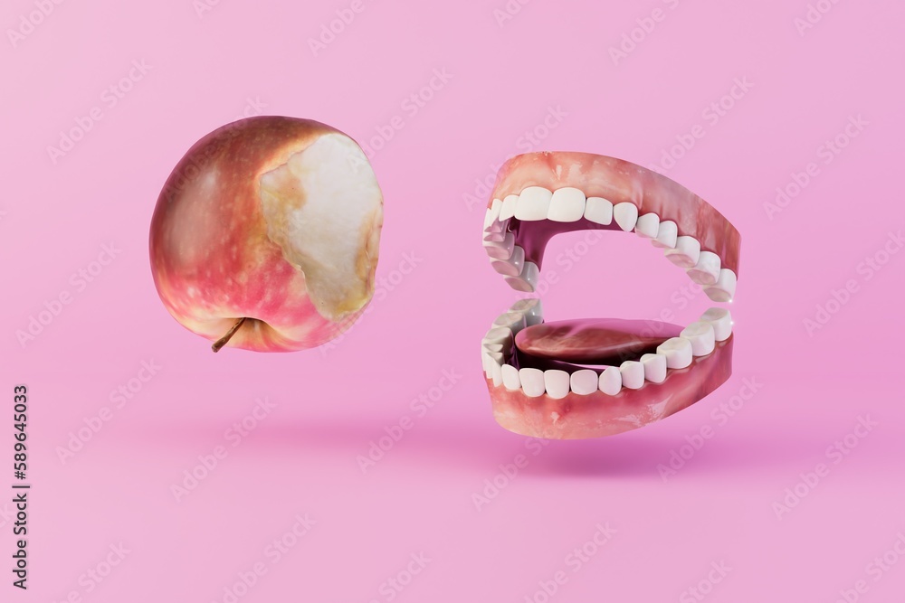 Fototapeta premium fruits for dental health. jaws with healthy teeth and an apple on a pastel background. 3D render