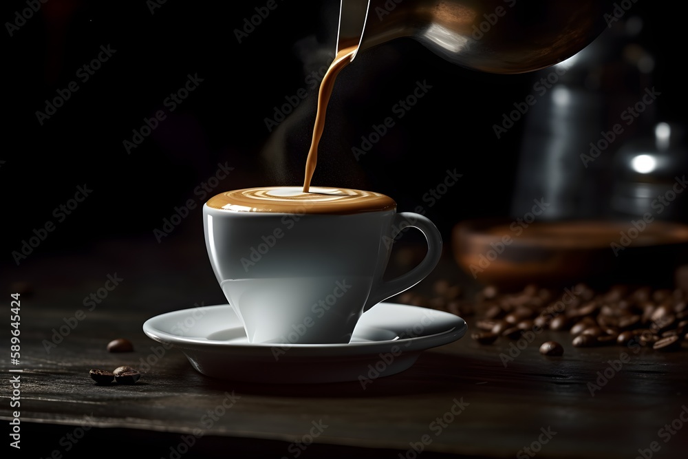 Fototapeta premium A delicious cup of coffee is poured to the top. Generative AI.