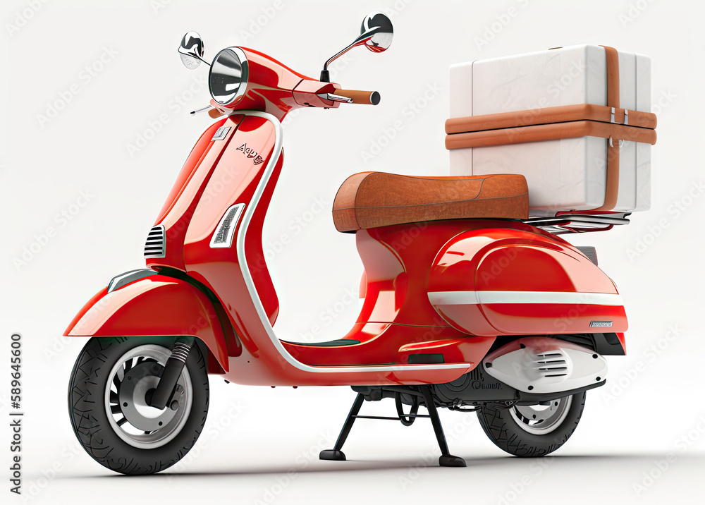 Scooter express delivery service. Red motor bike with delivery bag isolated on white, generative ai