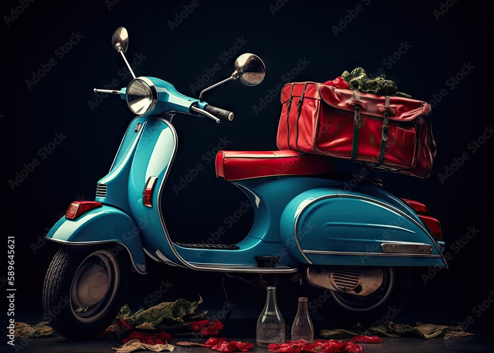 Scooter express delivery service. Blue motor bike with delivery bag, generative ai