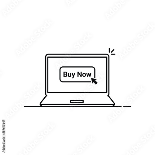 buy now button in thin line laptop. flat simple cpc logotype graphic art design isolated on white background. concept of client making easy decision or pre-order and badge for online store e-commerce