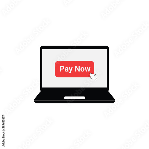 red pay now button on laptop screen. concept of order goods through the online store like retail. cartoon flat style trend modern simple eshop logotype graphic art design isolated on white background
