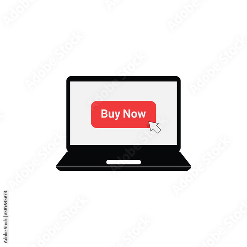 black laptop with red buy now button. flat simple cpc logotype graphic design isolated on white background. concept of client making easy decision or pre-order and badge for online store or e-commerce