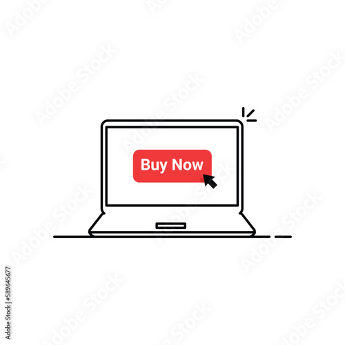 red buy now button in linear laptop. concept of client making easy decision or pre-order and badge for online store e-commerce. flat simple cpc logotype graphic art design isolated on white background