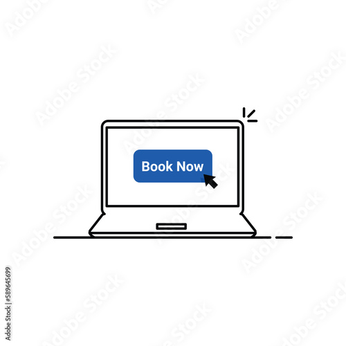 online booking on thin line laptop. concept of reservation room or bed in hotel or hostel for winter family holidays. flat outline style trend modern simple graphic design isolated on white background