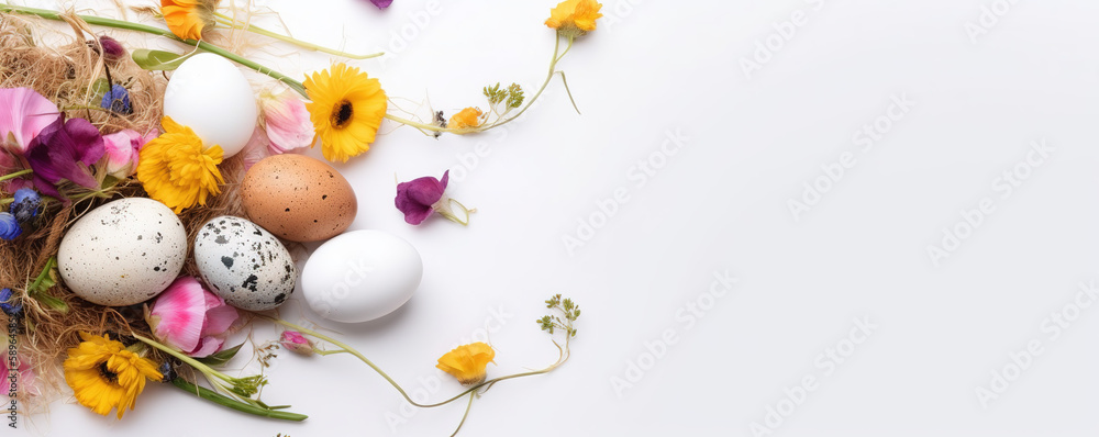 Easter eggs and flowers. Easter composition with spring flowers. AI generated