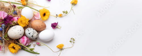 Easter eggs and flowers. Easter composition with spring flowers. AI generated