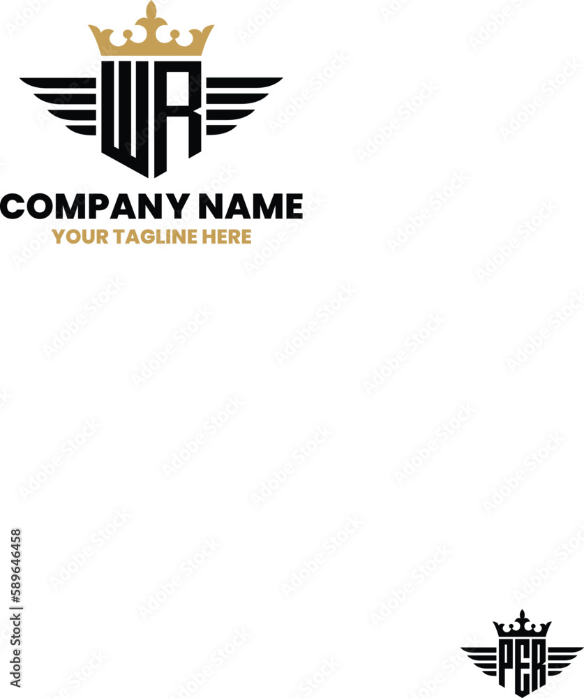 WR initial letter with wing, crown logo, luxury logo,luxury shield ...
