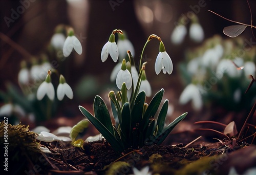 White snowy easter flowers with fresh green leaves in a spring sunny forest. Delicate snowdrops The first flower of spring symbols. Spring Easter concept. Generative AI