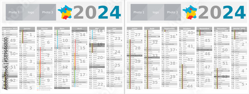 Calendrier 2024 14 mois au format 320 x 420 mm recto verso entièrement modifiable via calques et texte sans serif - vacances officielles