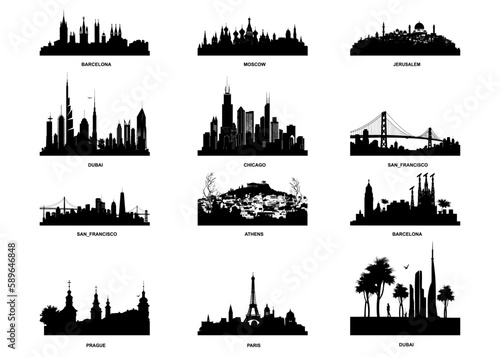 Vector silhouettes of the worlds city skylines. photo