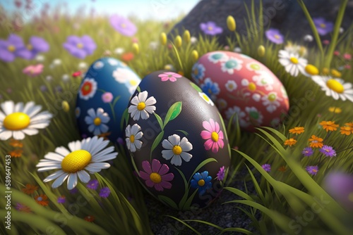 Painted easter eggs on spring flowers field. Generative AI