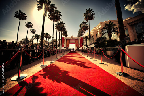 Red carpet for awards ceremony. Luxury entrance for vip stars. Created with Generative AI © Lazy_Bear