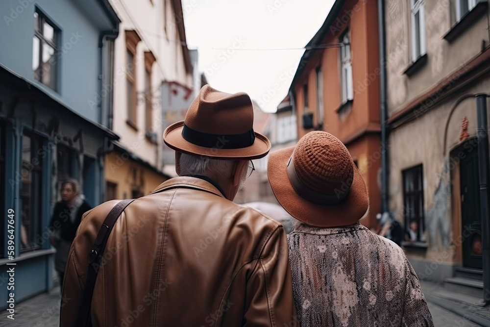 Back view of an elderly couple at city street. Elderly man and woman are walking together, having romantic relationship. Happy old age. Created with Generative AI