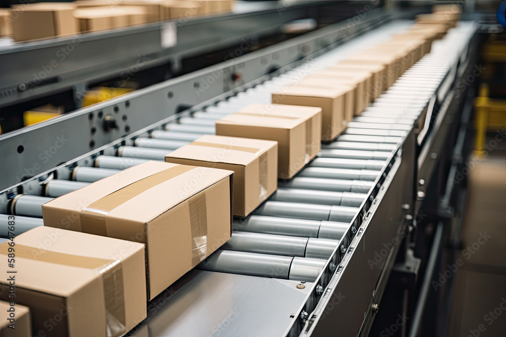 Automatic production line, conveyor belt with boxes. Generative AI Automatic production line, conveyor belt with boxes. Generative AI