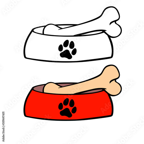 Dog food bowl with bone shaped dog biscuit or bone, paw print on bowl vector illustration with black and white line art