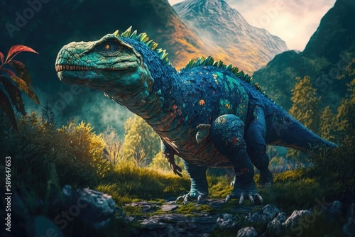 Citipati Colorful Dangerous Dinosaur in Lush Prehistoric Nature by Generative AI photo