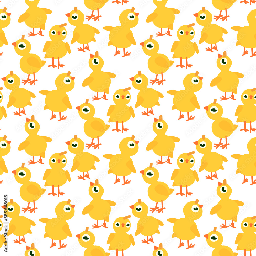 Hand drawn Easter seamless pattern, yellow chicks on the white background, great for banners, wallpapers, wrapping.