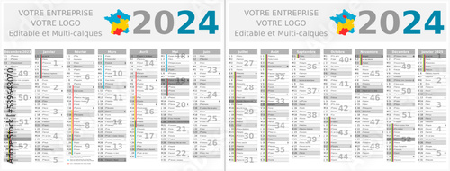 Calendrier 2024 14 mois au format 320 x 420 mm recto verso entièrement modifiable via calques et texte sans serif	 - vacances officielles
