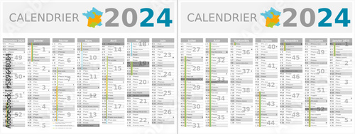 Calendrier 2024 14 mois au format 320 x 420 mm recto verso entièrement modifiable via calques et texte sans serif	 - vacances officielles
