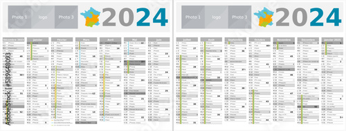 Calendrier 2024 14 mois au format 320 x 420 mm recto verso entièrement modifiable via calques et texte sans serif - vacances officielles