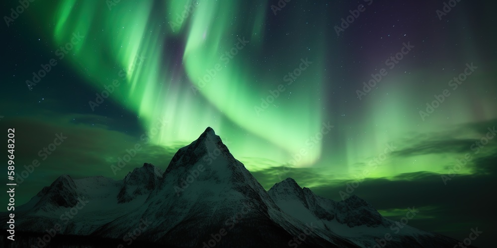Green aurora borealis shining in night sky over snowy mountain ridge near lake at night, Aurora borealis, generative ai Green aurora borealis shining in night sky over snowy mountain ridge near lake at night, Aurora borealis, generative ai