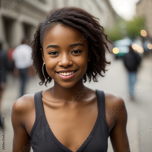 Young cool sfrican american girl walking in the street. Generative AI photo