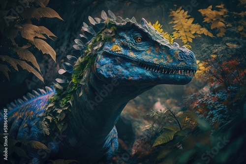 Homalocephale Colorful Dangerous Dinosaur in Lush Prehistoric Nature by Generative AI photo