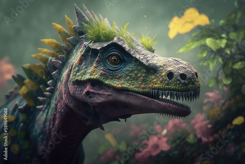 Hypsilophodon Colorful Dangerous Dinosaur in Lush Prehistoric Nature by Generative AI photo