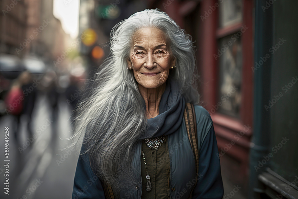 Generative AI illustration of beautiful 60 year old woman with gray hair on the streets of New York.