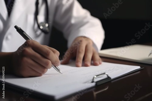 Close-up of doctor medical professional wearing uniform taking notes, physician, therapist or practitioner filling medical documents, writing prescription for patient. Health care, medicine concept © Eli Berr