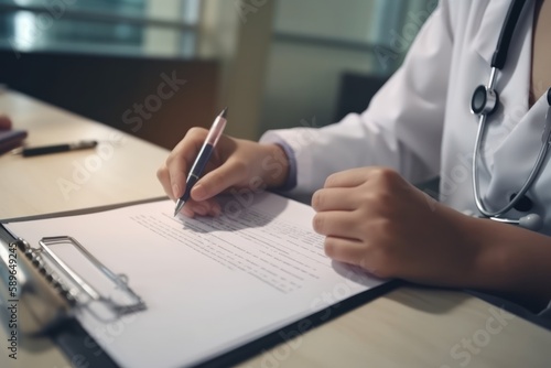 Close-up of doctor medical professional wearing uniform taking notes  physician  therapist or practitioner filling medical documents  writing prescription for patient. Health care  medicine concept