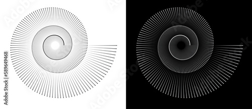 Spiral with lines as icon or logo. Black illustration isolated on the white background and the same vector white on black background.